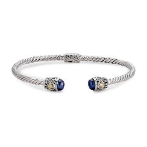 SS/18K 3MM TWISTED CABLE BANGLE WITH BLUE PEARL ENDCAPS