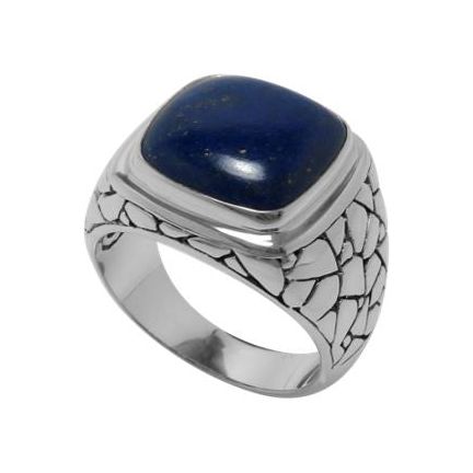 SS PEBBLE DESIGN RING WITH CUSHION CUT LAPIS